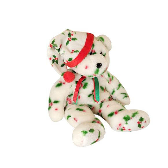 2002 Ty Beanie Buddies Holly Teddy Bear Christmas Plush 14" Red Green Hat - Picture 8 of 13